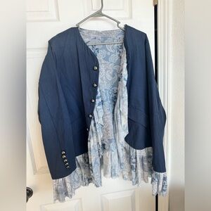 Chic Blue Women's Blazer with Paisley Ruffle Details